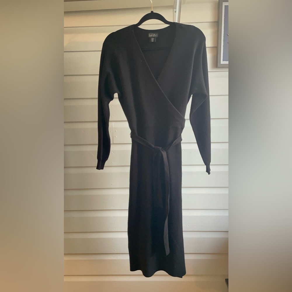 Nicole Miller Black Long-Sleeve Wrap Midi Dress